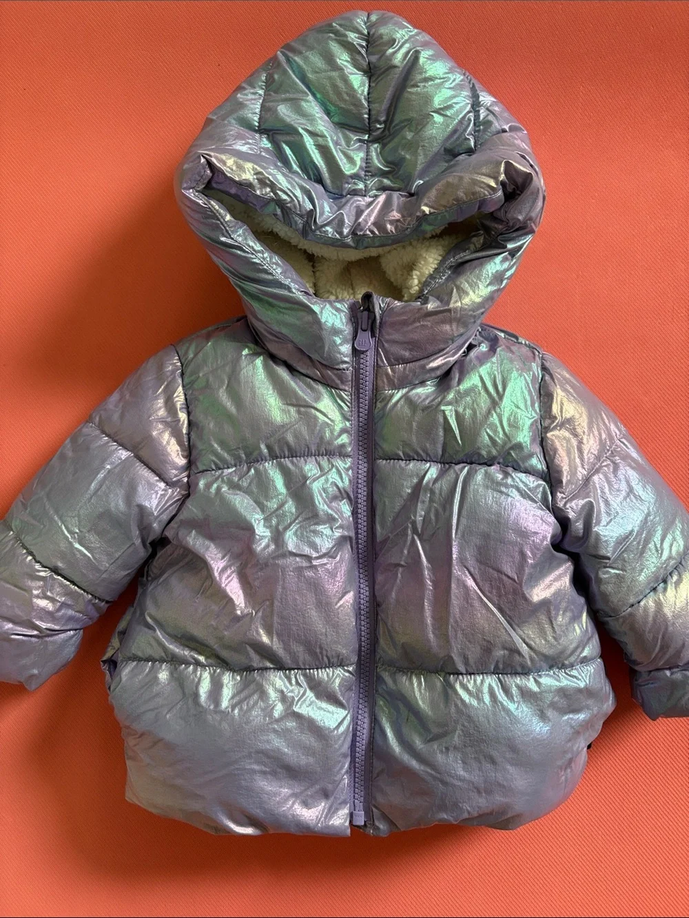 GAP Iridescent Hooded Puffer Jacket - Purple/Green Sheen